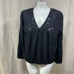 Lucky Brand Black Floral Cutwork Knit Top